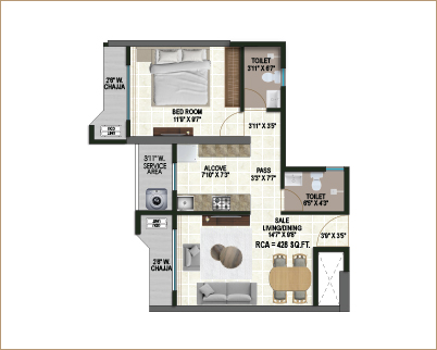 1 BHK - Type 2
              Flat no. 03 & 08 | RCA - 428 sq. ft.
              